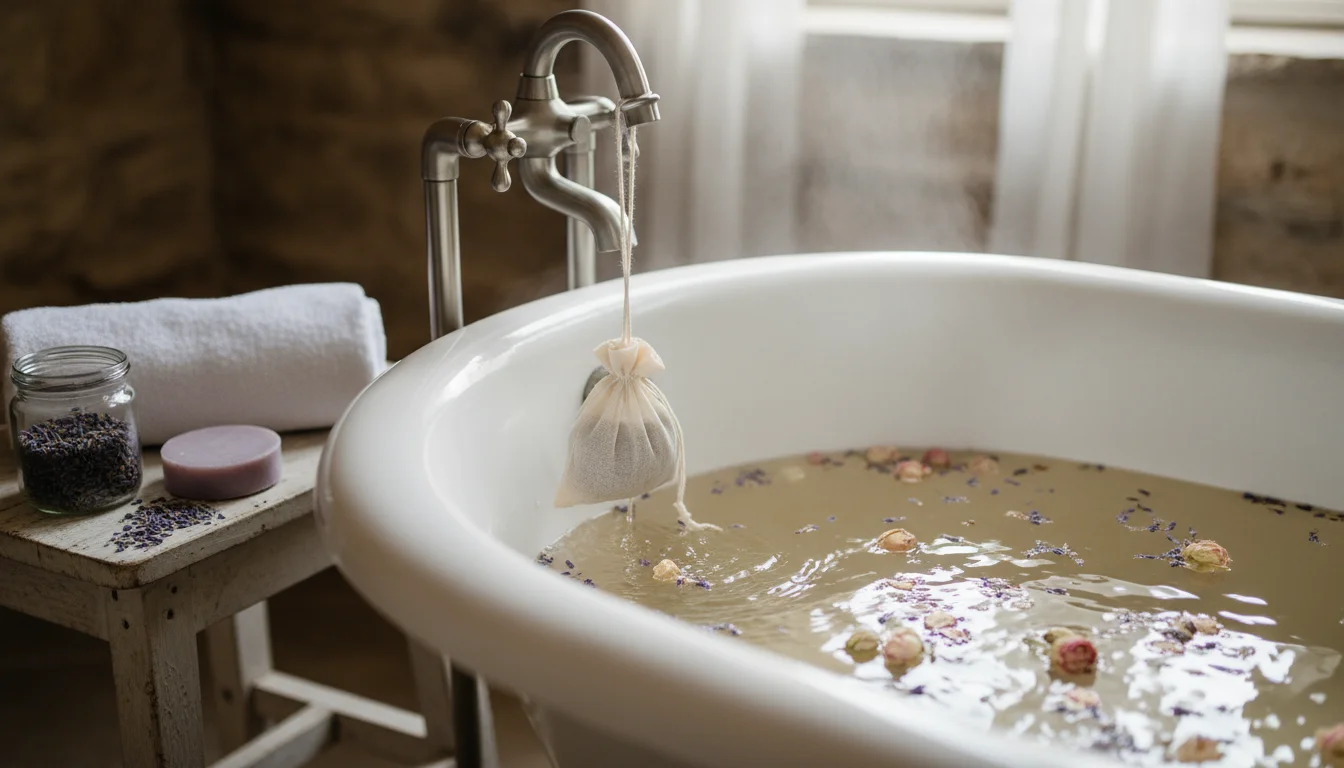 Muslin sachet hanging from a brushed nickel faucet, infusing a steaming bathtub with dried herbs and flowers. A potted lavender plant sits nearby.
