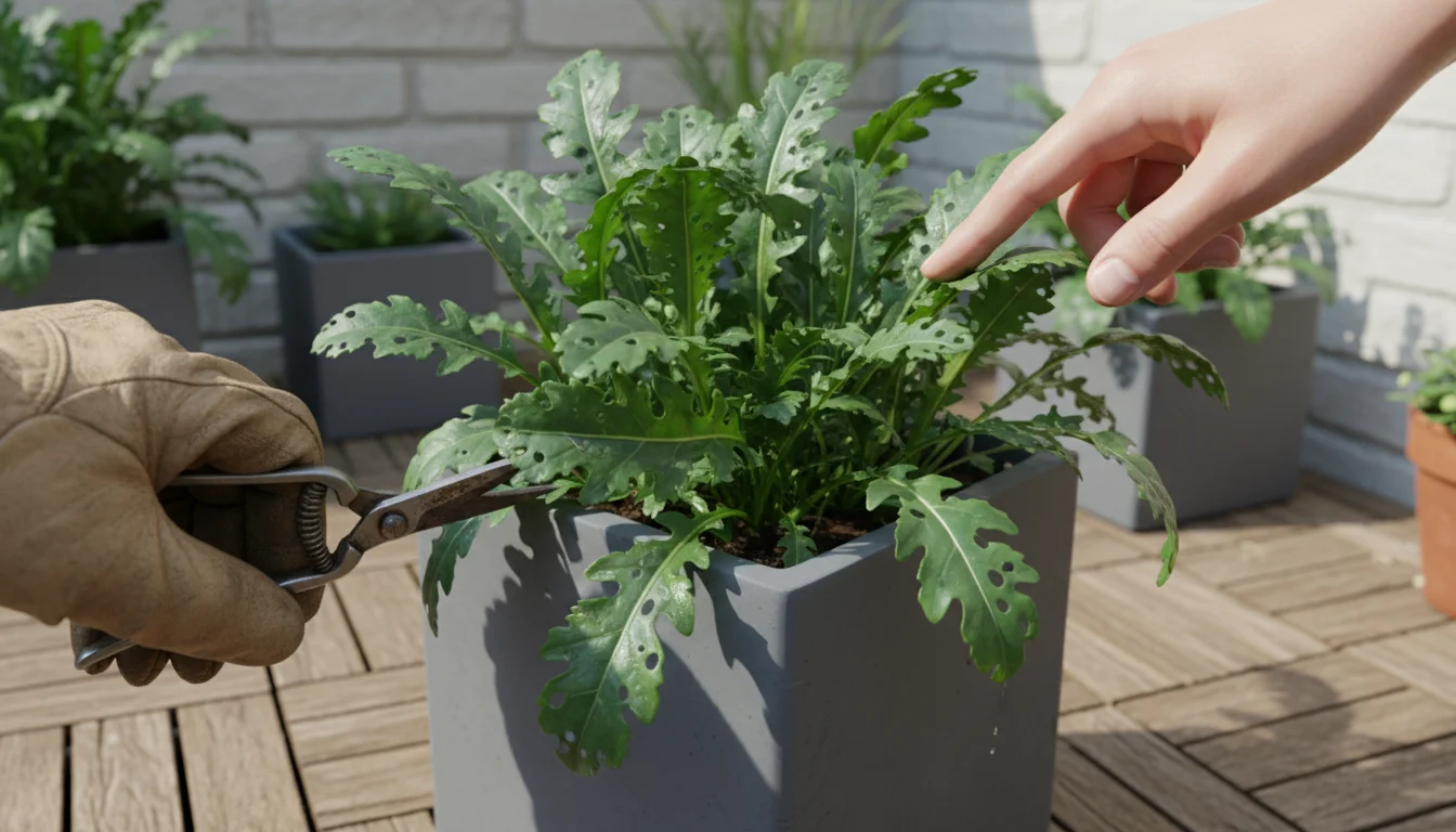 Close-up of mustard and arugula leaves in a grey planter showing pest damage like ragged holes, small round holes, and a faint slime trail. A hand hov