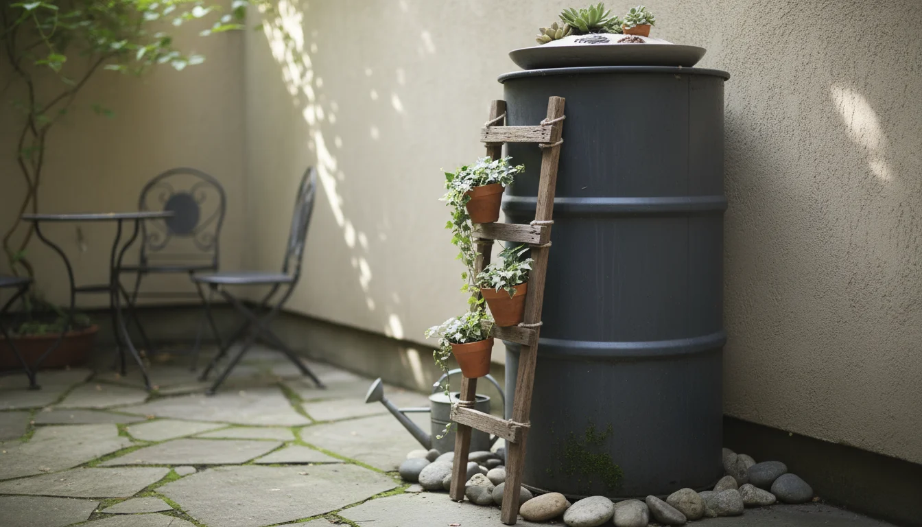 Narrow rustic caddy or magnetic strips on the side of a rain barrel, holding a hand trowel, pruning snips, and twine on a small patio.