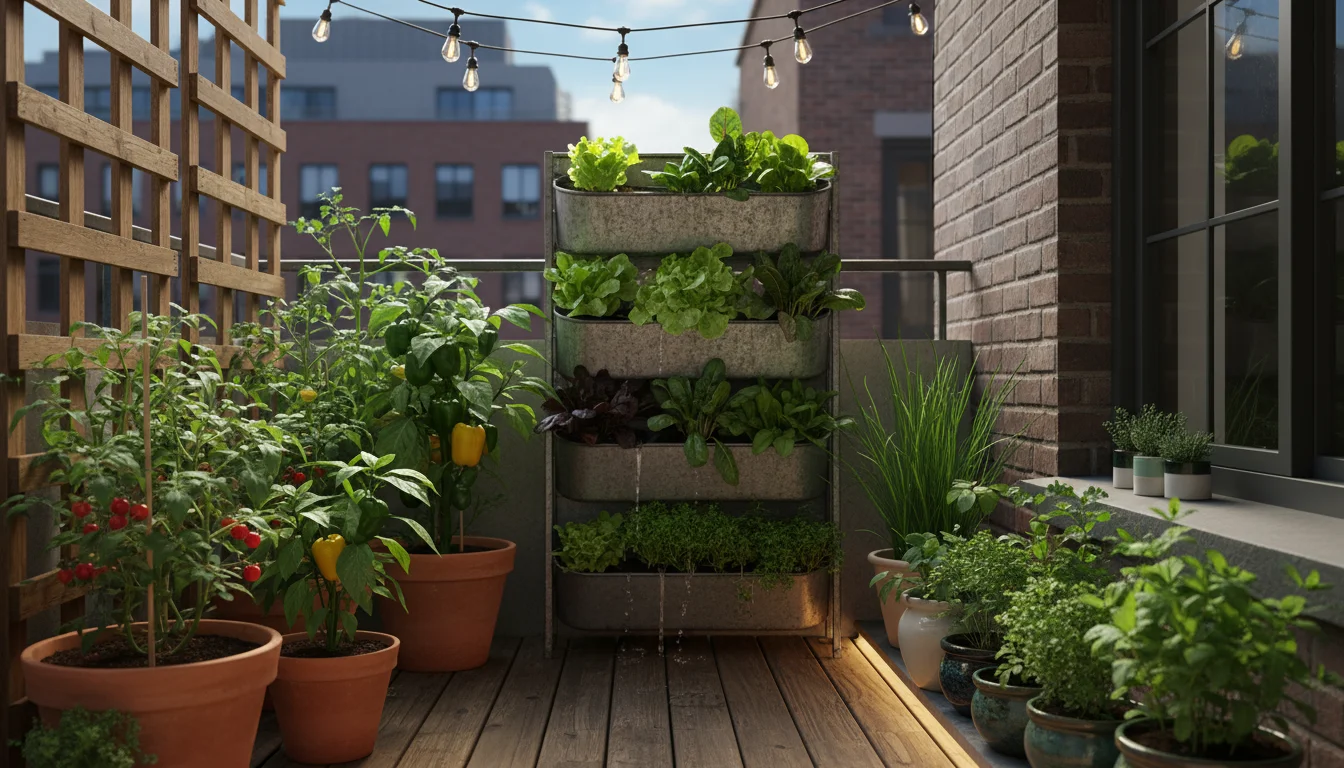 A narrow urban balcony garden displaying diverse plants thriving in specific sun and shade zones, including a vertical wall planter.