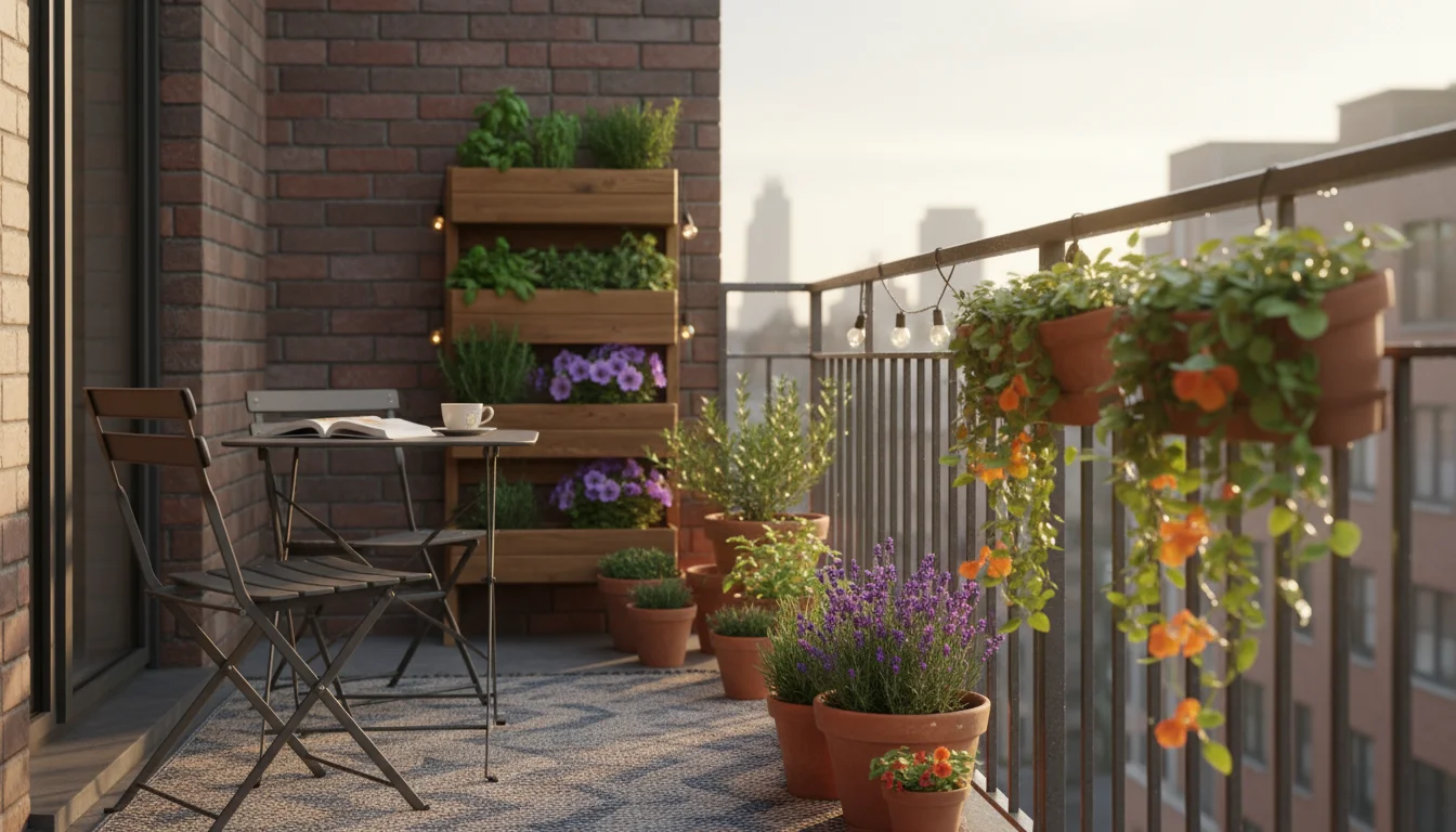 A narrow urban balcony organized into distinct zones, featuring a cozy bistro set on a rug and a lush planting area with vertical planters and pots.