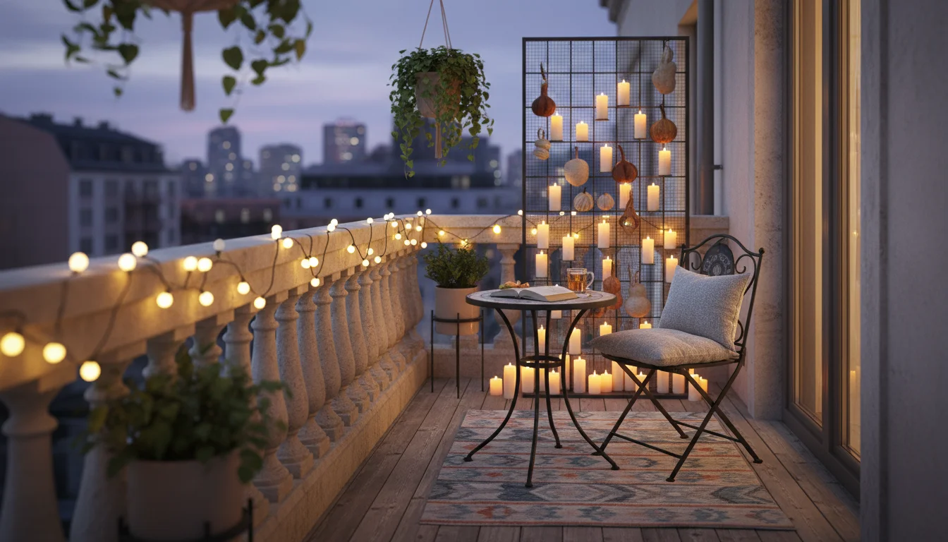A narrow urban balcony at twilight, featuring an outdoor rug, bistro chair, side table, string lights, and a decorative metal screen with LED candles 