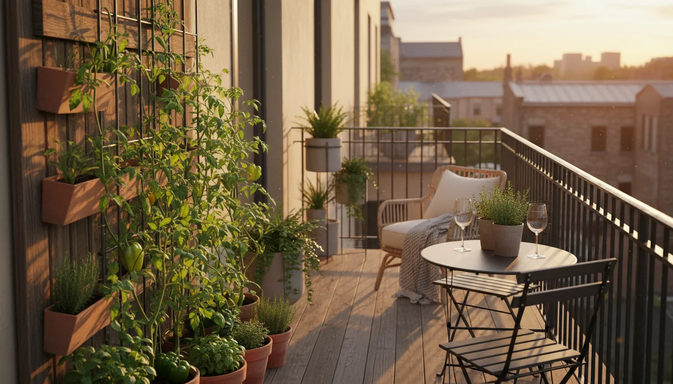 Elevated view of a narrow urban balcony zoned into dining, lounge with tiered planter, and vertical vegetable garden areas.