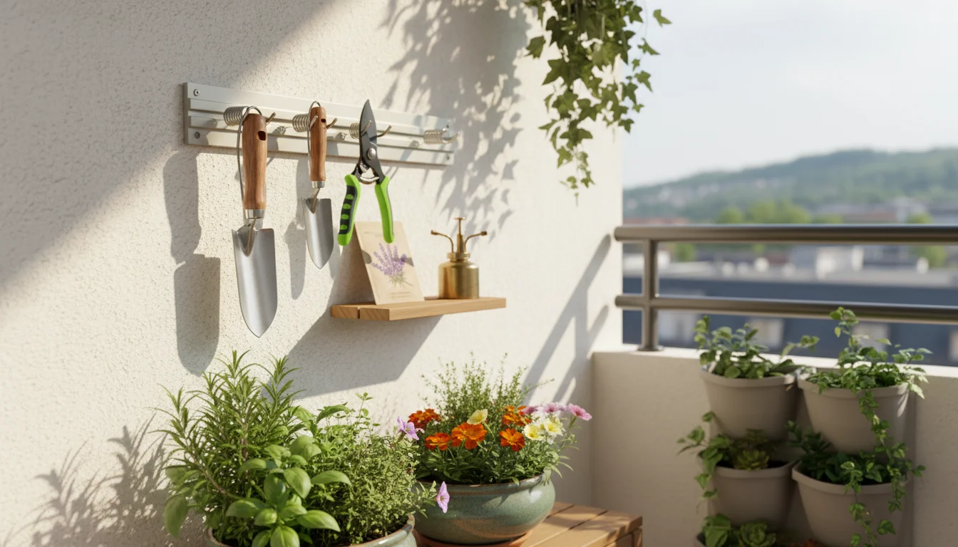 A narrow wall-mounted metal rack on a balcony wall holds a trowel and shears, with a shelf for a plant mister and seeds, surrounded by potted plants.