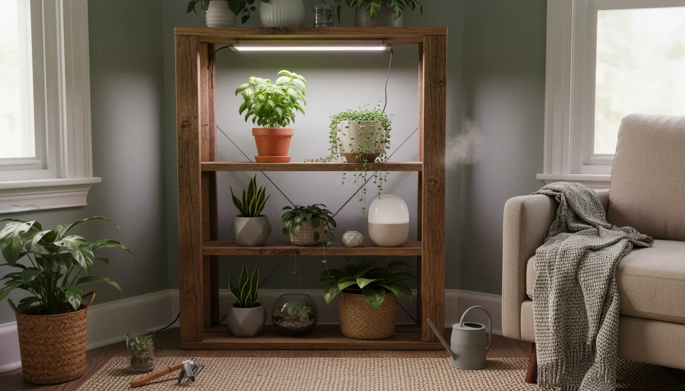 A narrow wooden shelf unit holds various potted plants thriving under an LED grow light set at different heights.