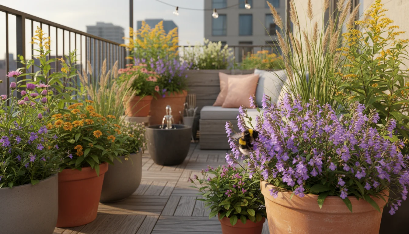 A native bee pollinating vibrant purple Penstemon flowers in a diverse, low-water container garden on a compact urban patio during golden hour.