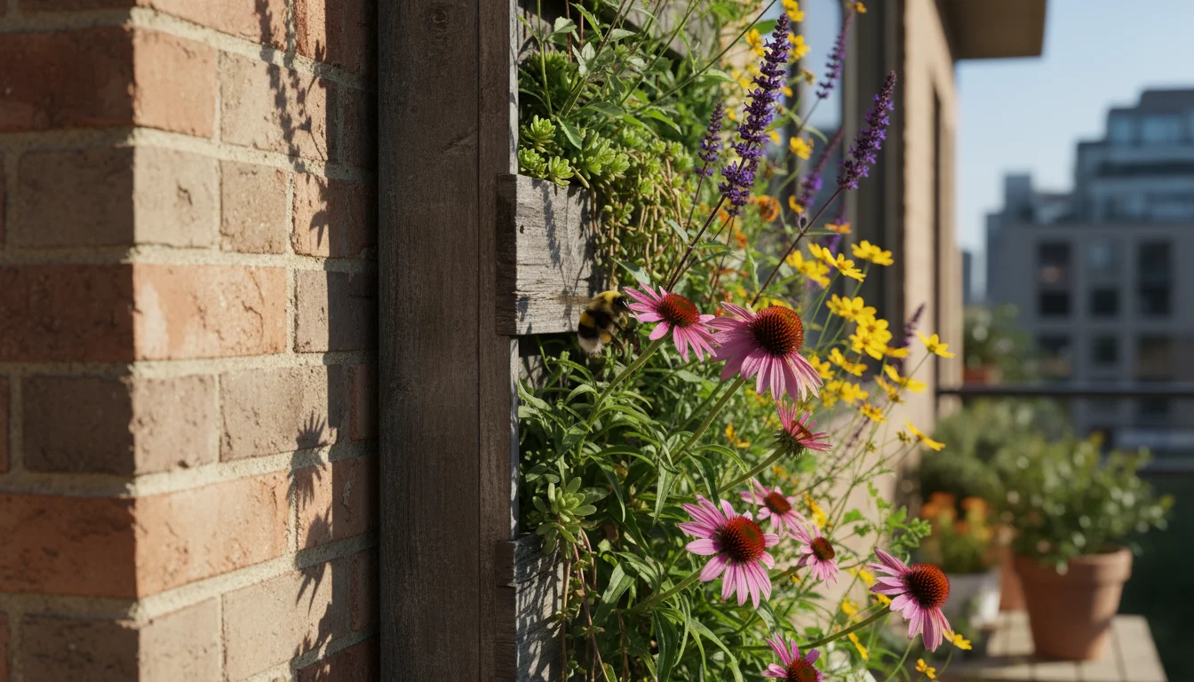 A native bumblebee visits purple coneflowers and salvia in a sunlit vertical container garden on an urban balcony, showcasing xeriscaping.