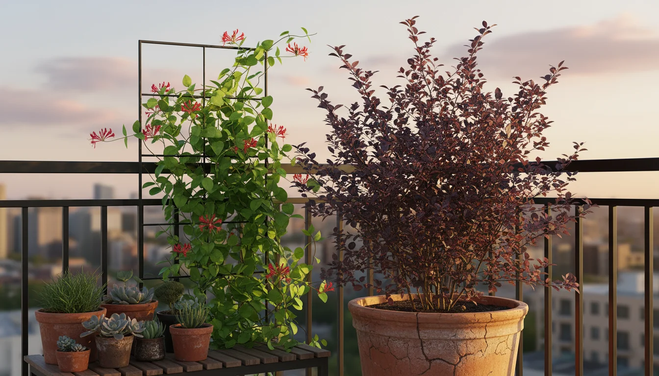 Native Dwarf Ninebark shrub and Coral Honeysuckle vine growing in pots on an urban balcony, providing shelter and perching.