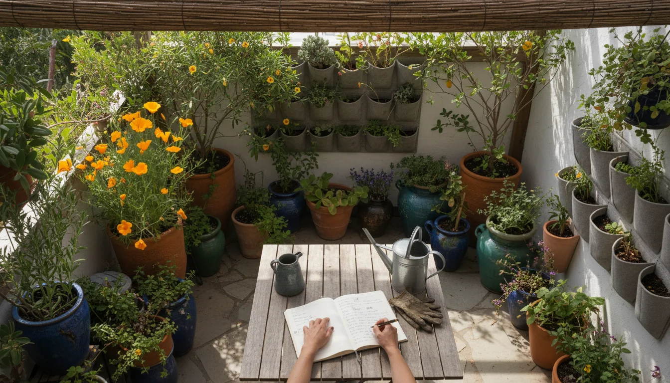 Overhead view of native plants in diverse containers on a patio, with hands holding a notebook and pen.