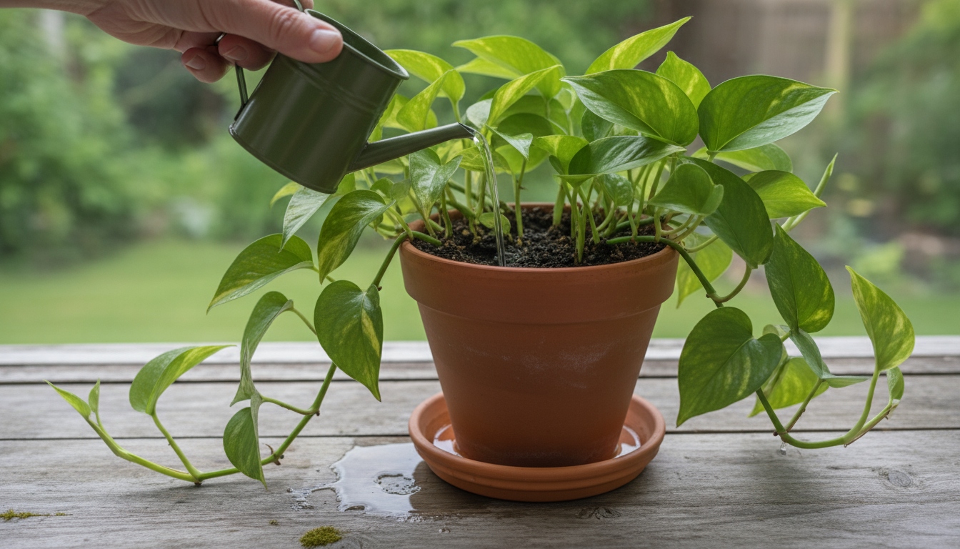 Rustic balcony corner with various water sources: clear tap water pitcher, galvanized filtered water can, terracotta rainwater jug, near thriving hous
