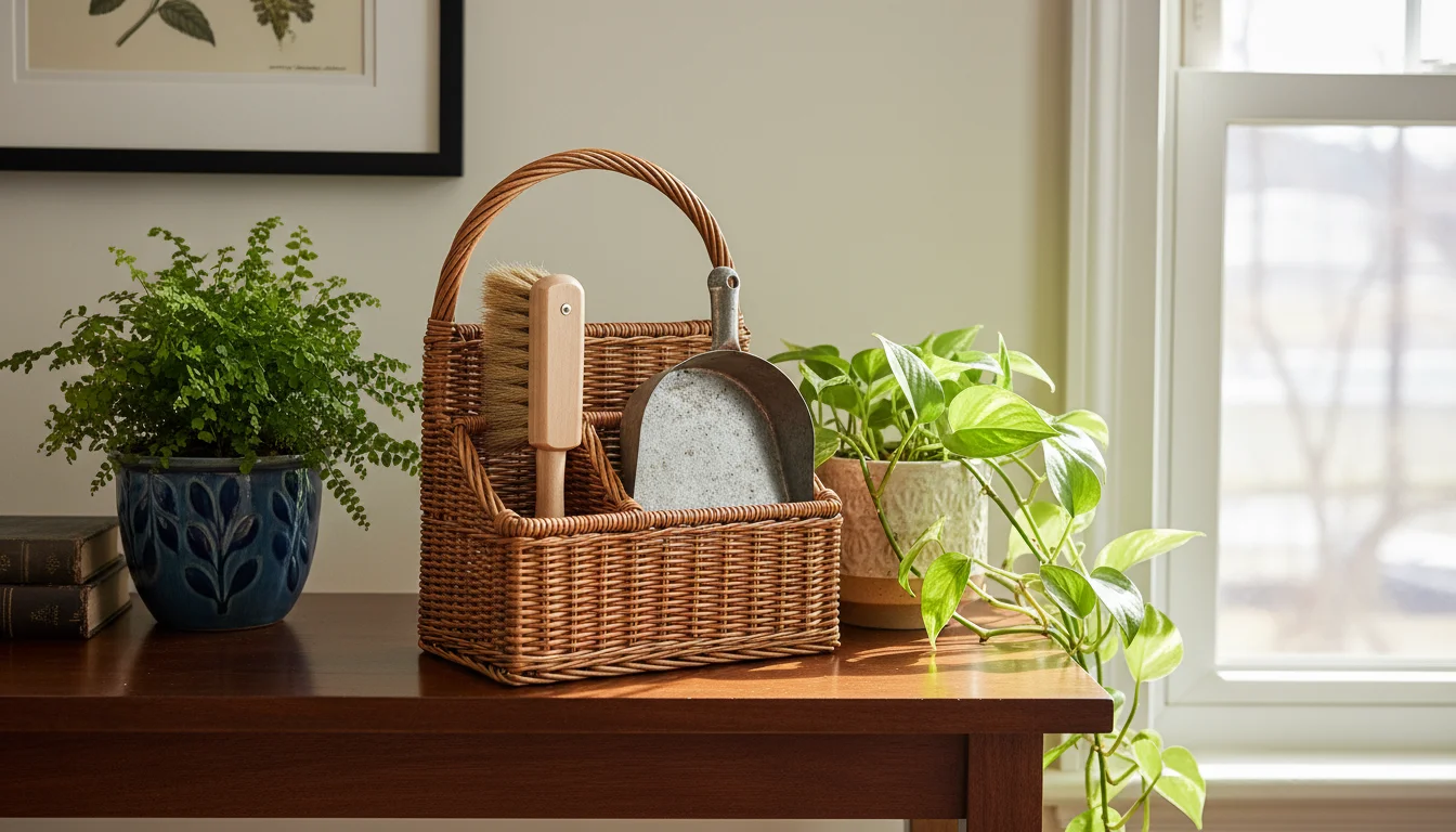 A natural-bristle hand brush and metal dustpan tucked into a wicker caddy, placed on a wooden table beside two potted indoor plants.