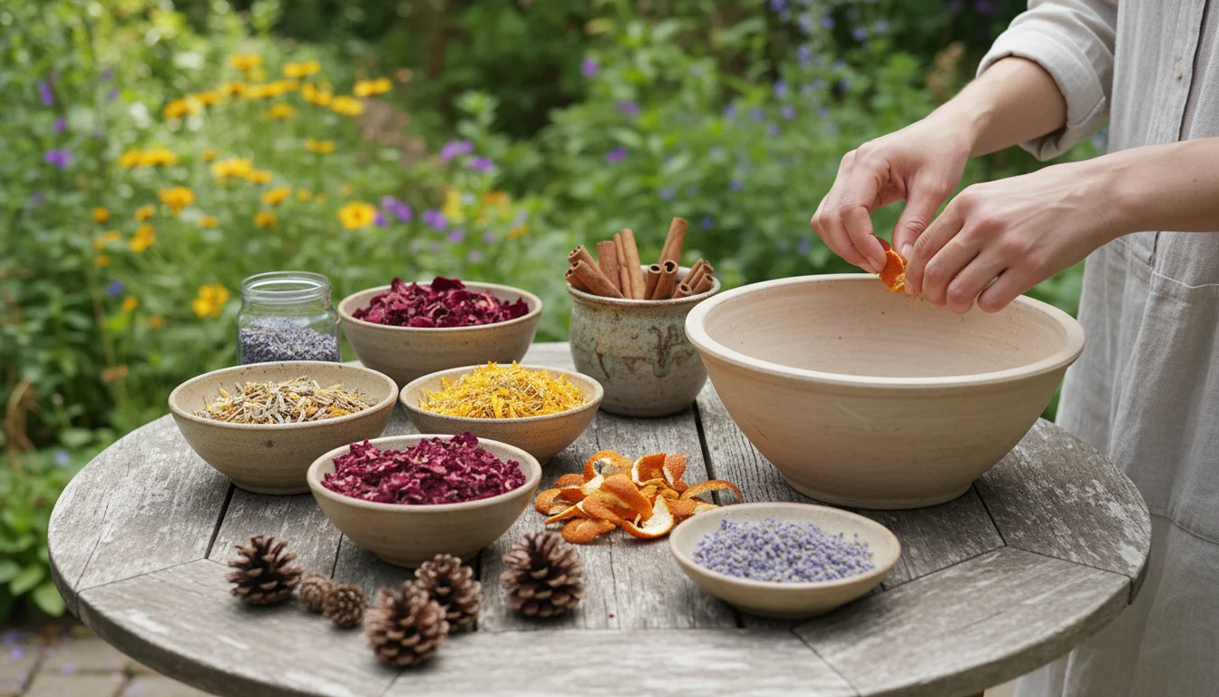 Natural shot of dried rose petals, lavender, and various spices arranged on a patio table, with hands reaching for dried orange peel.