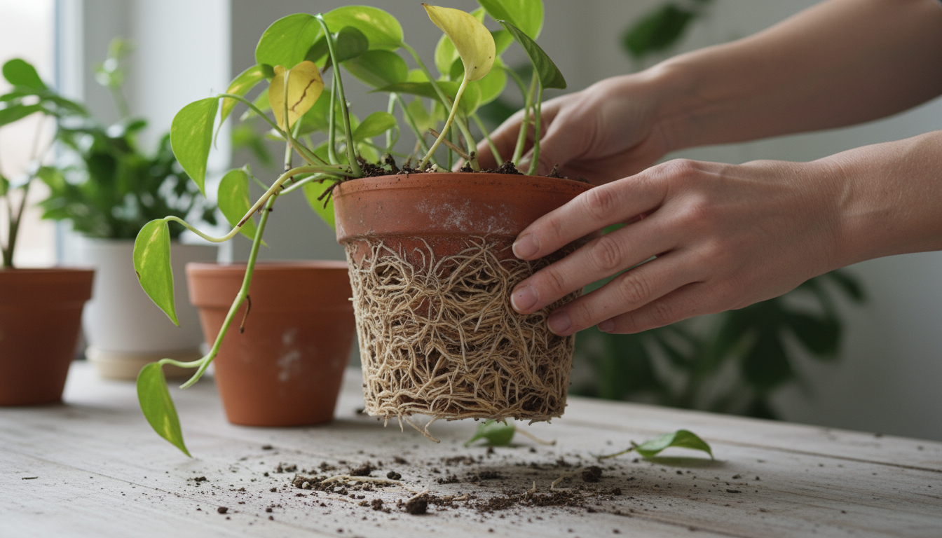 Person's hands gently remove a stressed, root-bound houseplant from a terracotta pot, revealing matted roots, on a table with a new pot and soil.