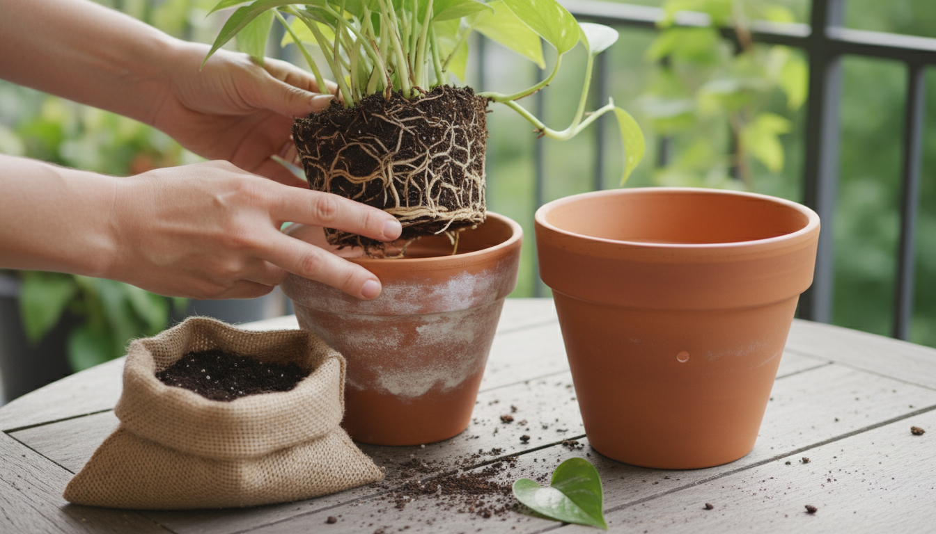 An overgrown Fiddle Leaf Fig plant with yellowing leaves bursting from a small terracotta pot on a sunny balcony, an adult hand touching the pot.