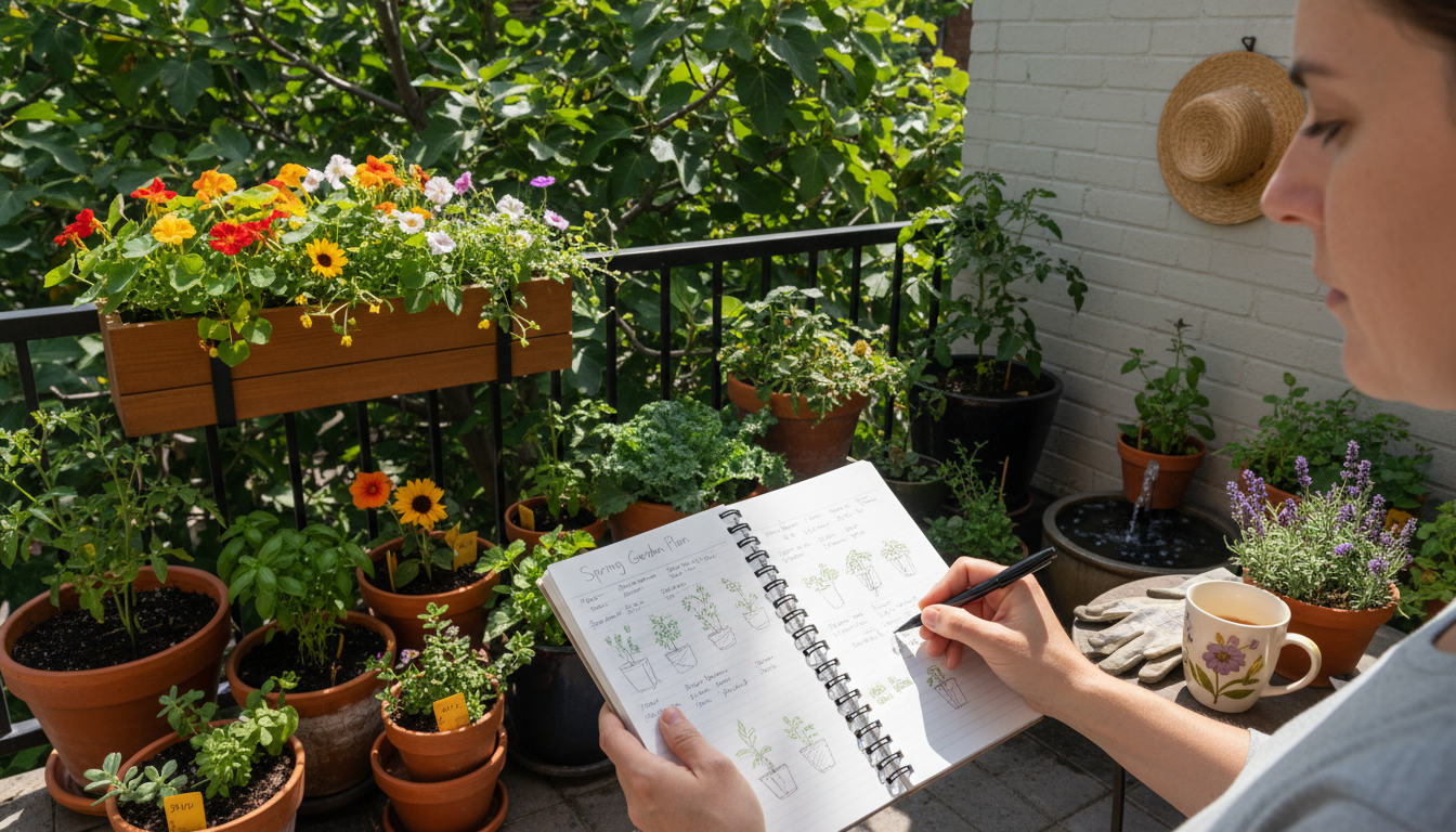 A gardener thoughtfully inspects a young lettuce plant in a terracotta pot on a compact patio, surrounded by other container gardens.
