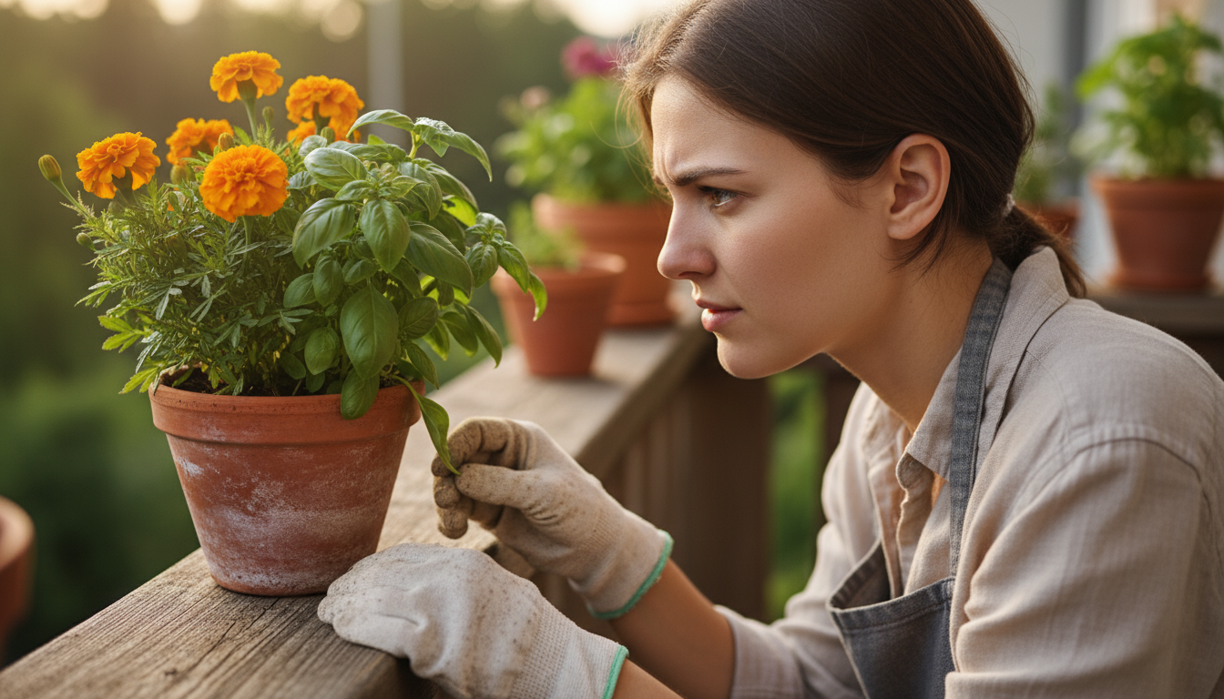 Person kneeling on a sun-dappled patio, thoughtfully arranging empty and partially-filled containers, notebook, and seed packets for a small garden de