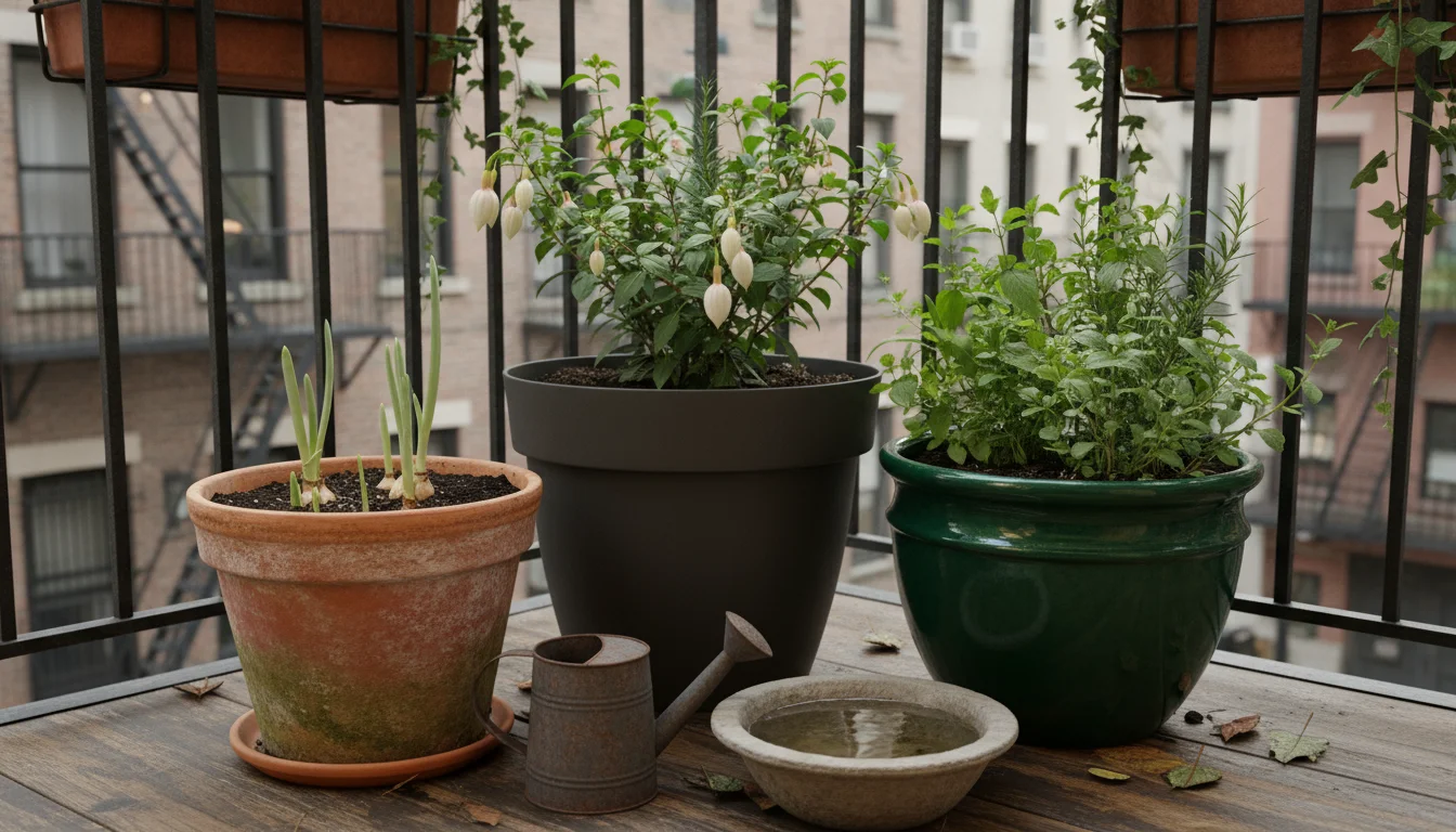 A natural grouping of diverse container pots on an urban balcony, featuring terracotta, modern plastic, and vibrant glazed ceramic planters.