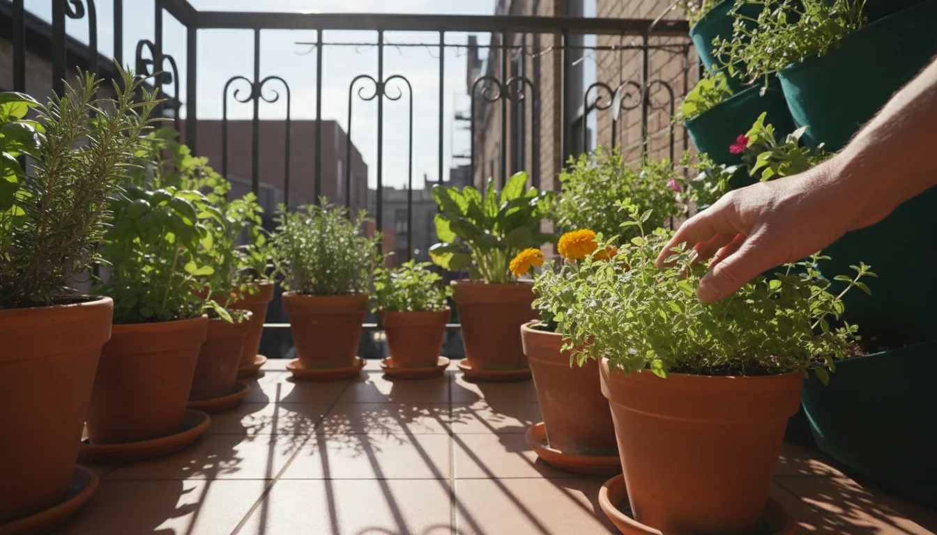 A natural hand observes distinct sun and shadow patterns on various potted plants on a small urban balcony.