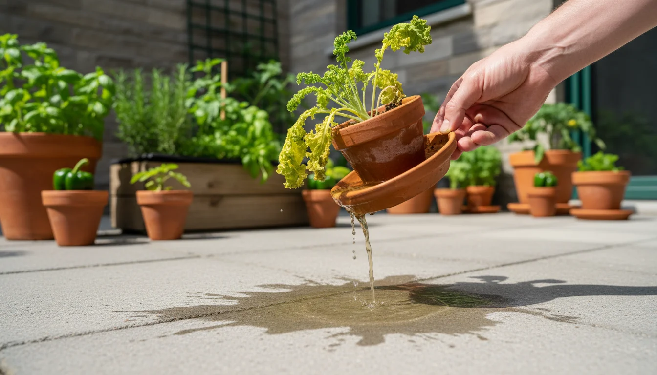 A natural hand tilts a terracotta pot's saucer, draining stagnant water. Stressed kale grows in the pot on light gray pavers.