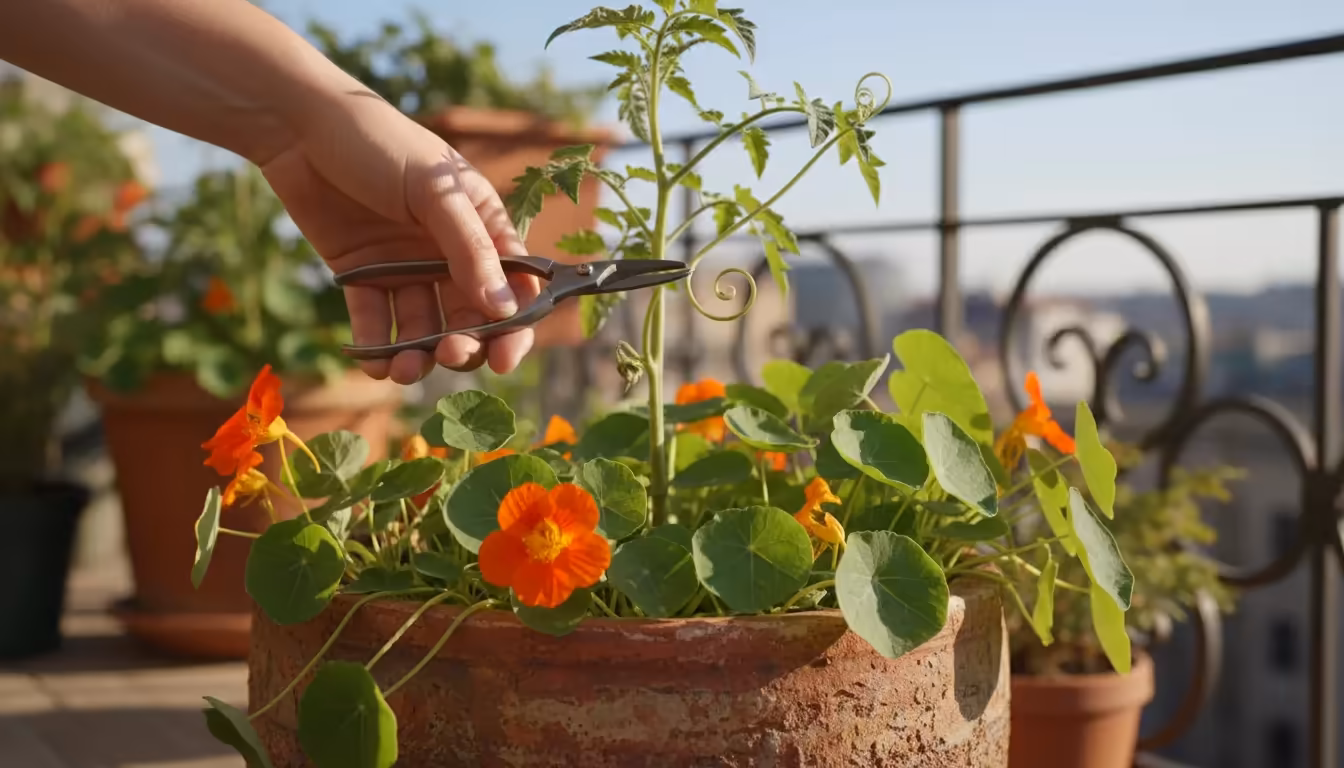A natural hand uses small pruning shears to snip nasturtium tendrils growing too close to a tomato plant in a large pot on a sunny balcony.