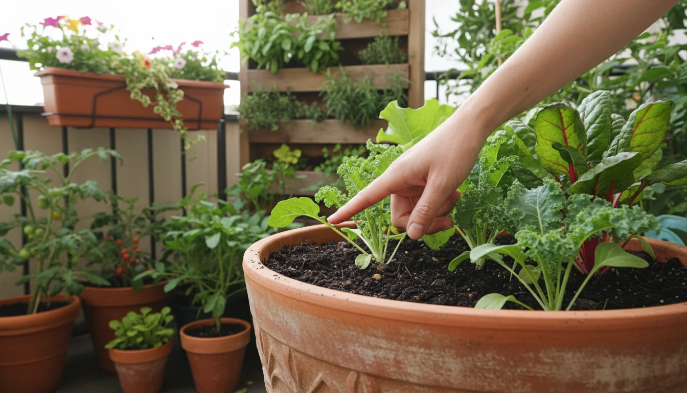 Natural hands checking soil moisture in a terracotta container with leafy greens, surrounded by other thriving patio container gardens.