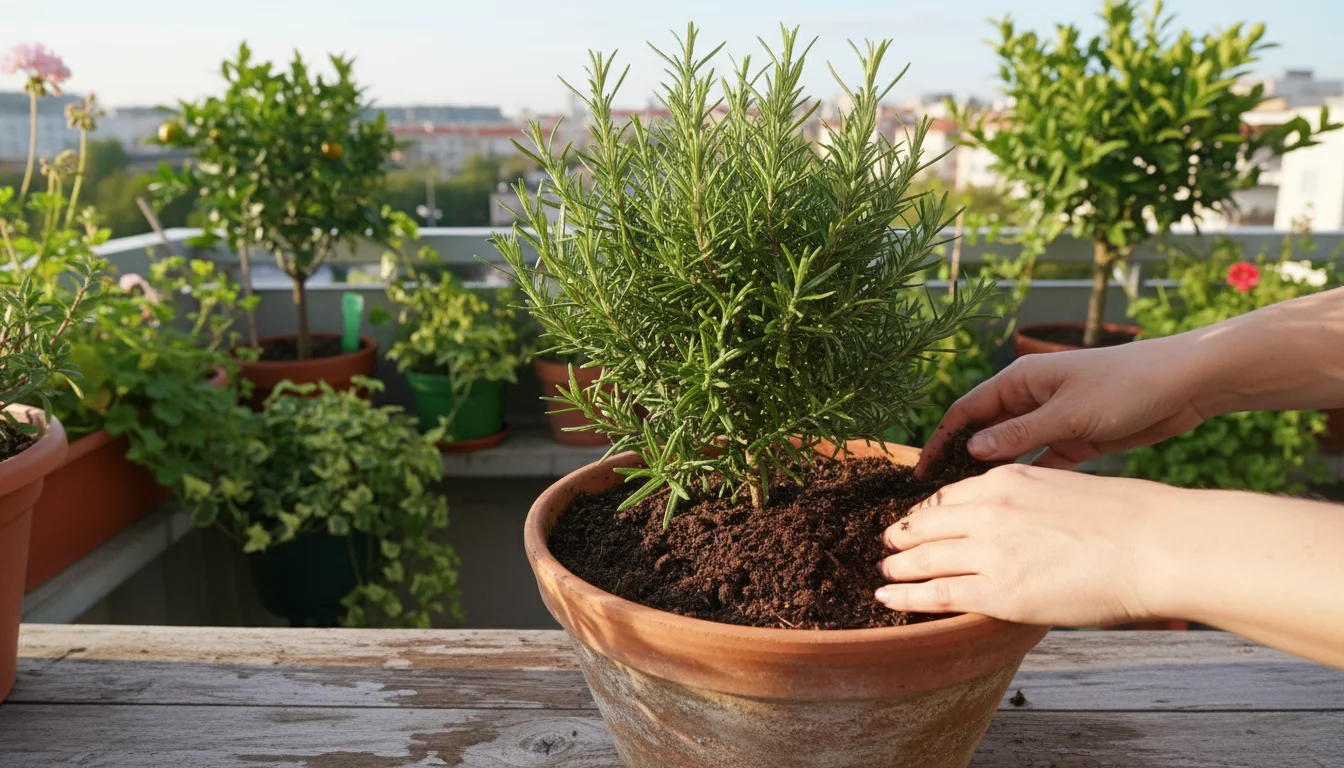 Natural hands gently mixing dark organic compost into a potted rosemary plant's soil on a sunny balcony.