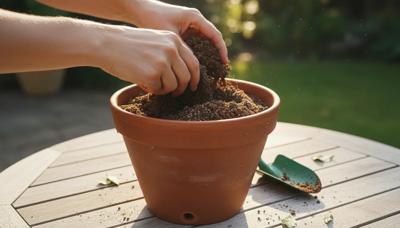 Natural hands mixing dark worm castings into potting mix in a terracotta pot on a wooden patio table, bathed in warm light.