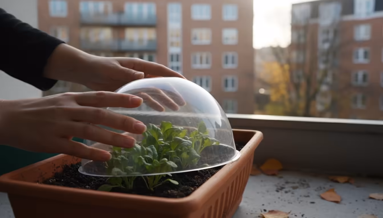 Natural hands securing a clear, recycled plastic cloche over young green seedlings in a terracotta balcony box on an overcast autumn day.