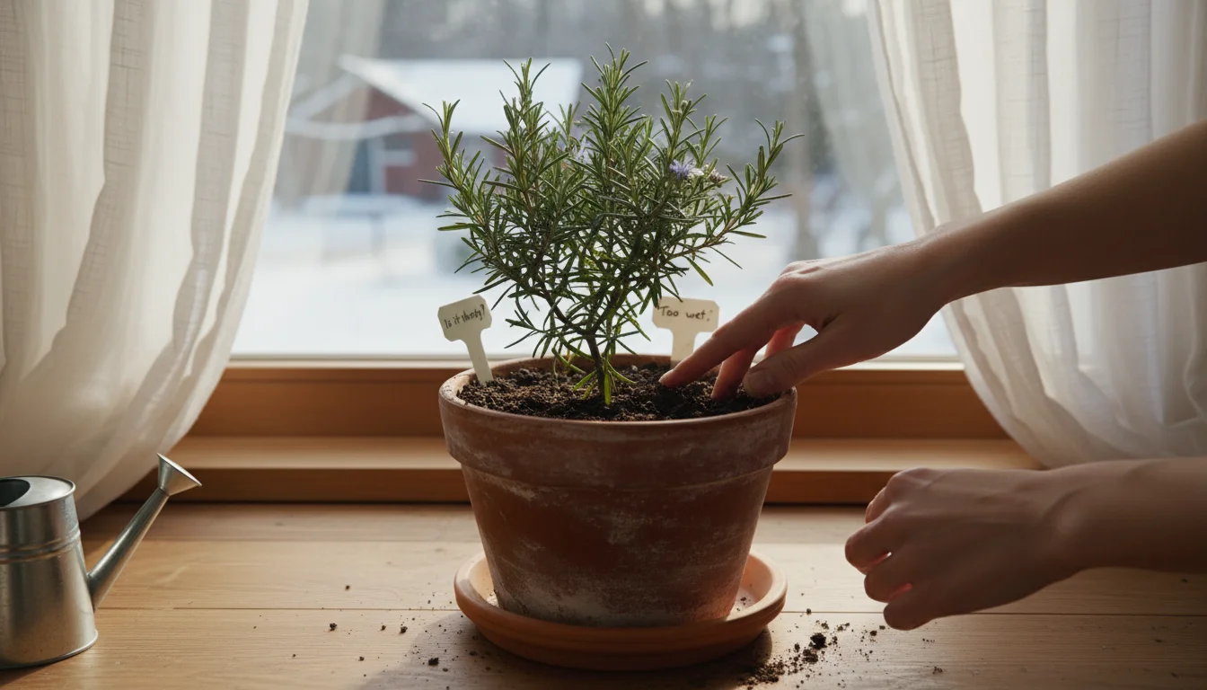 Natural hands gently touch the soil of a thriving potted rosemary plant on an indoor windowsill, illuminated by soft winter light.