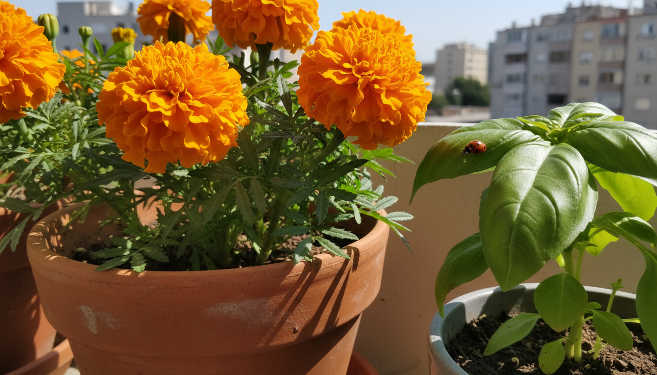 Close-up of a ladybug on a basil leaf next to a blooming marigold in a pot on an apartment balcony, demonstrating IPM.