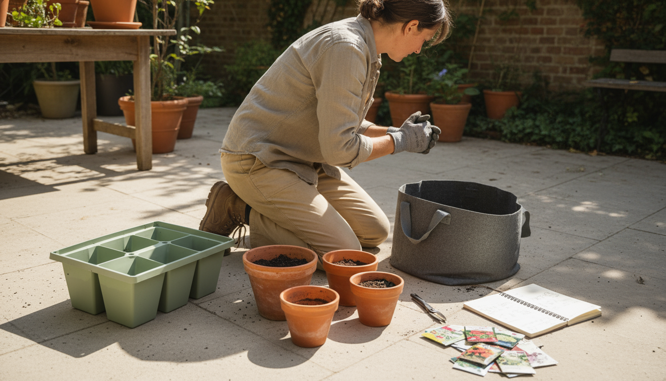 Thoughtfully arranged urban balcony garden showing light, wind, and water considerations with grouped plants and sturdy containers, a person observing