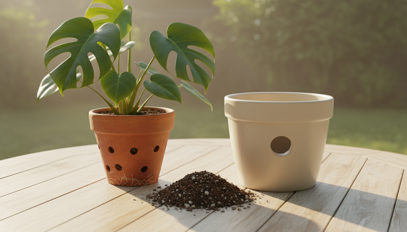 Close-up of hands gently inspecting a small Pothos plant in a terracotta pot with crispy brown leaf tips and yellowing lower leaves.