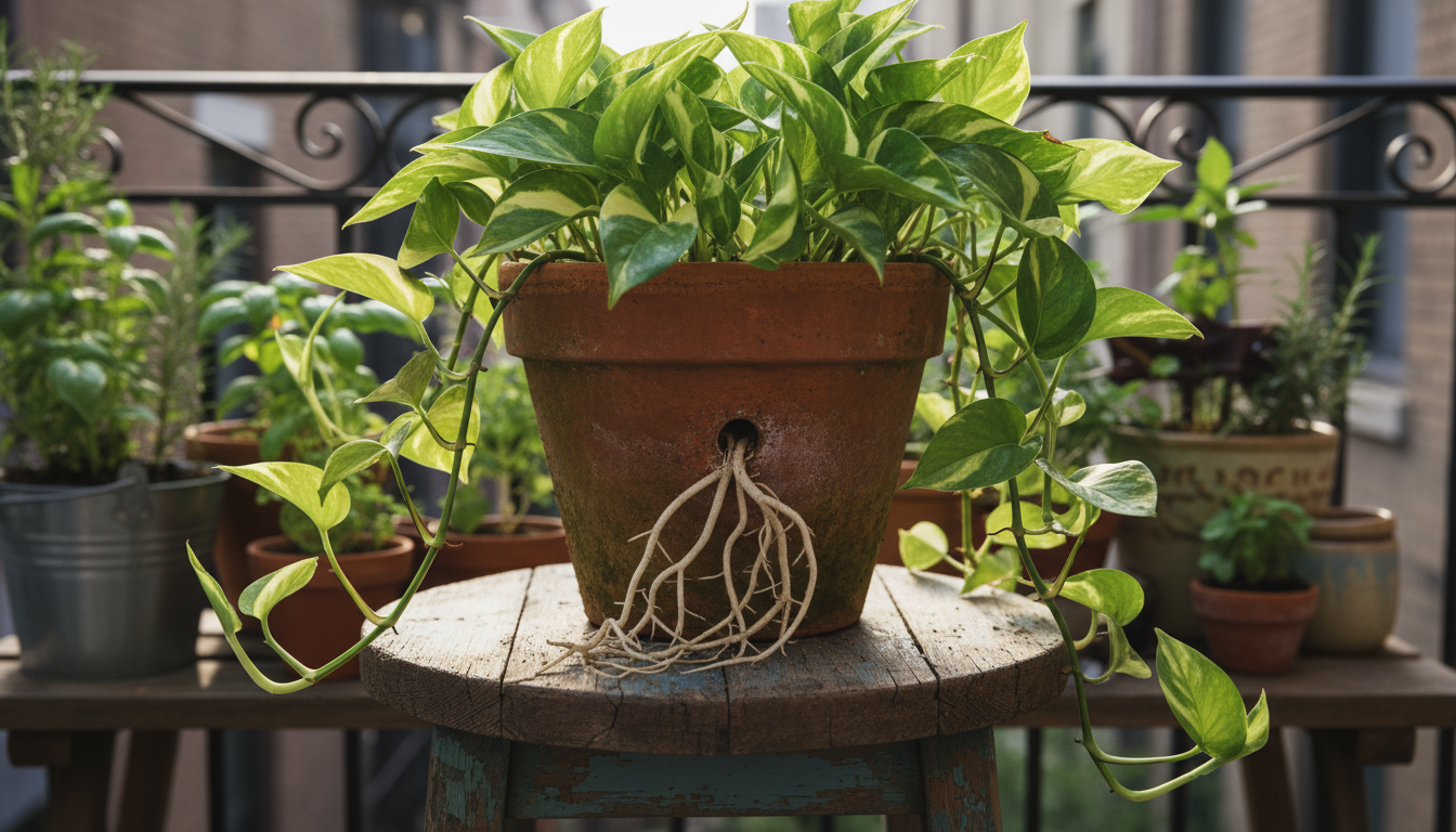 Hands scooping peat-free potting mix into a reused terracotta pot on a balcony table, with cleaning supplies nearby.