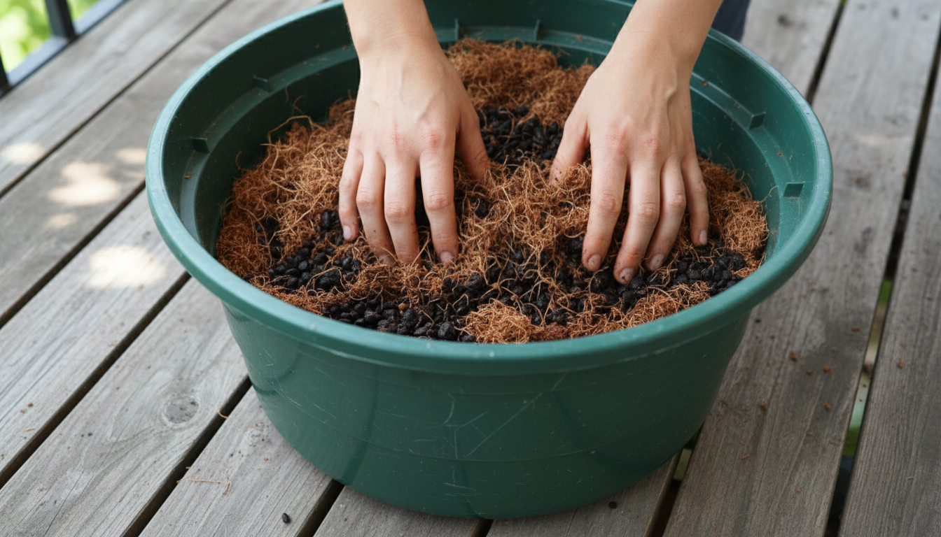 Person on an apartment balcony observing morning sun and building-cast shadows on a vertical garden, holding a notebook.