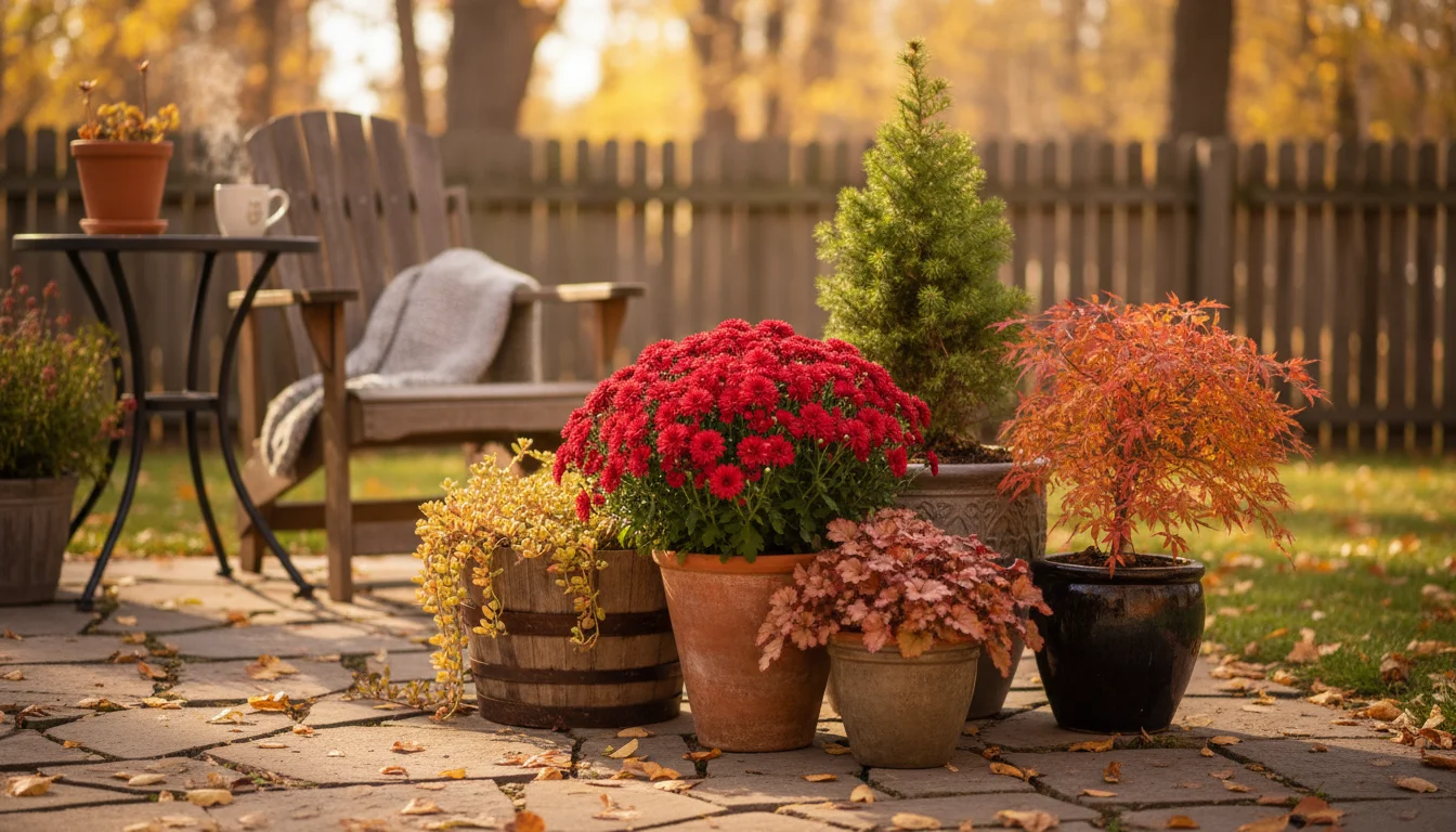A natural shot of a small patio adorned with colorful autumn container plants, including a spilling red mum, ornamental kale, dwarf Alberta spruce, an