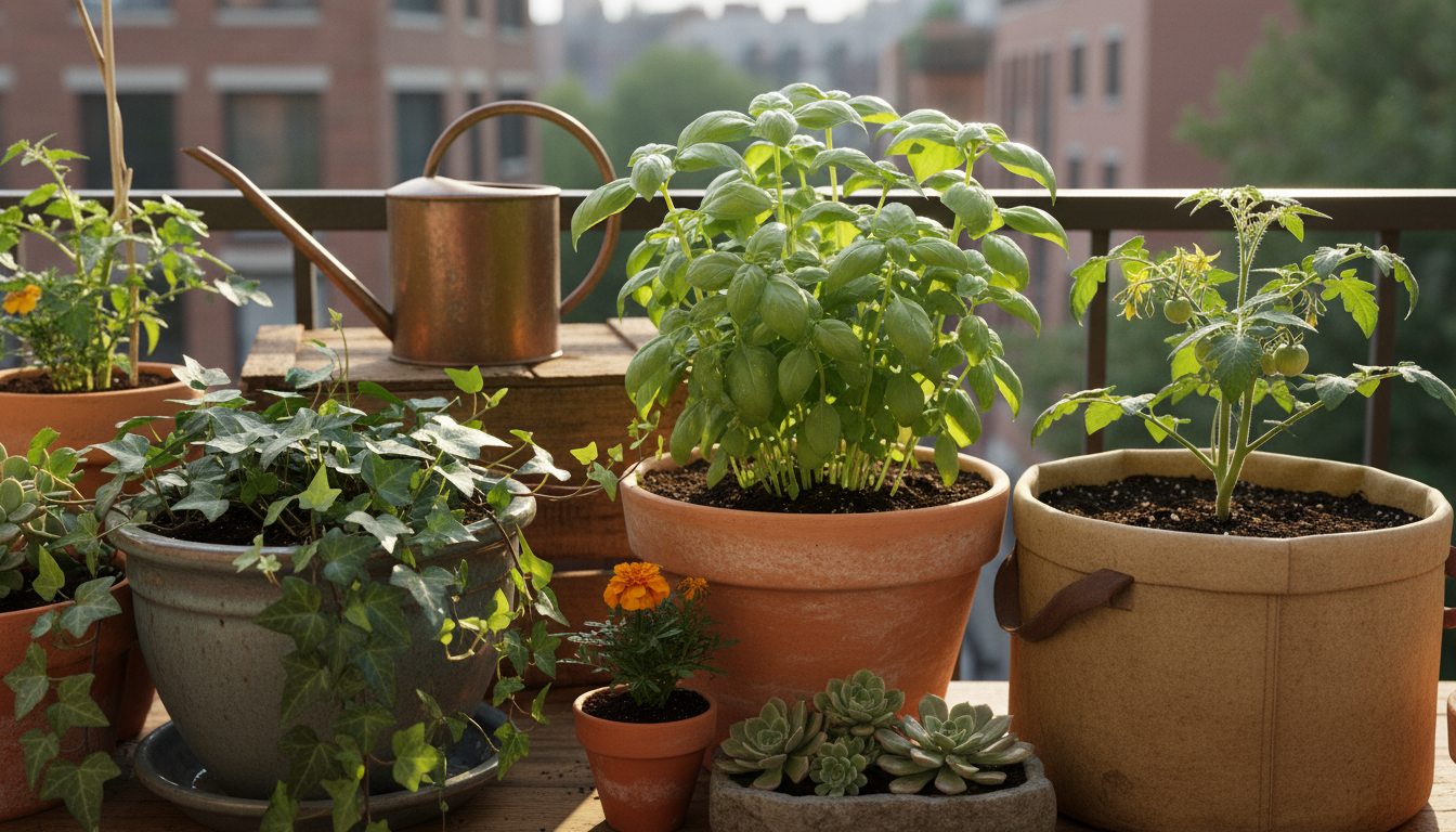 Diverse container plants on a sun-dappled urban balcony with a watering can, showing varied needs.