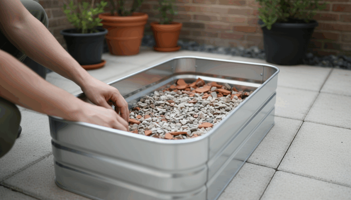 Person sitting on a patio bench, looking contemplatively at an empty wooden raised garden bed with a notebook on their lap.