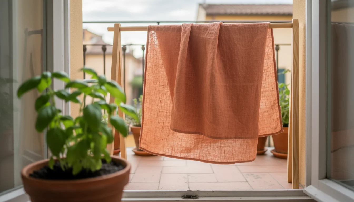A naturally dyed rust-orange linen tea towel air-drying on a wooden rack next to a window, with a potted basil plant.