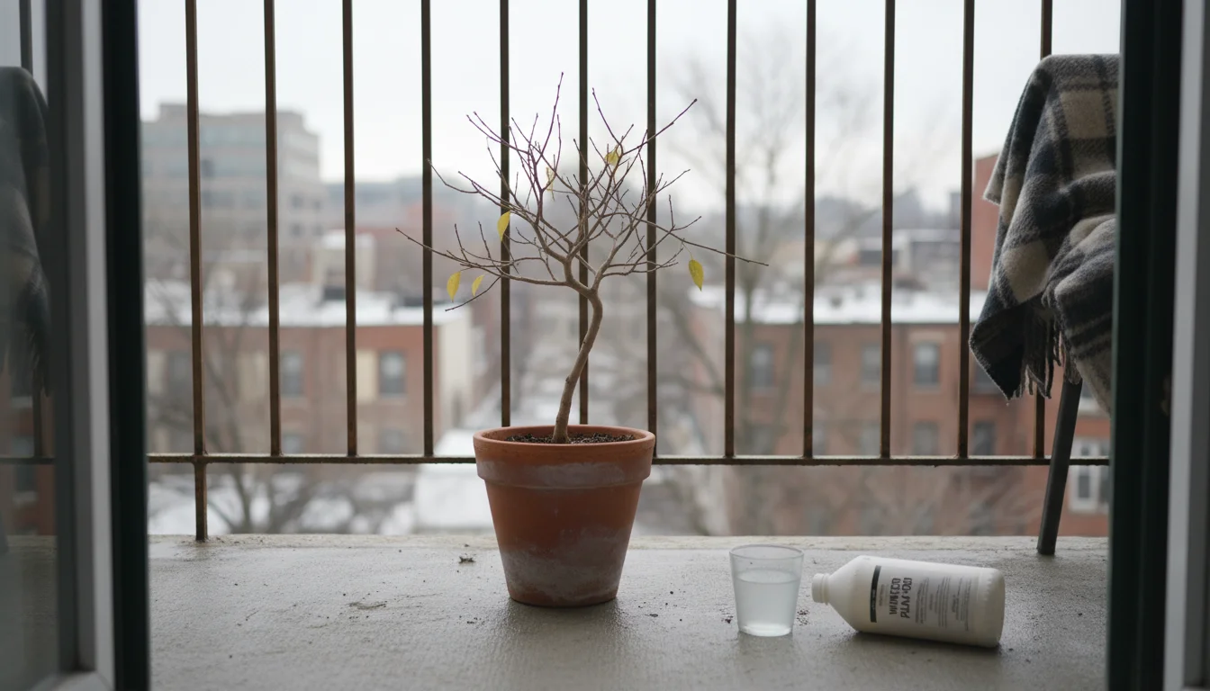 A nearly bare ficus tree in a terracotta pot on a concrete balcony. An unused fertilizer bottle sits beside it as a hand touches a branch.