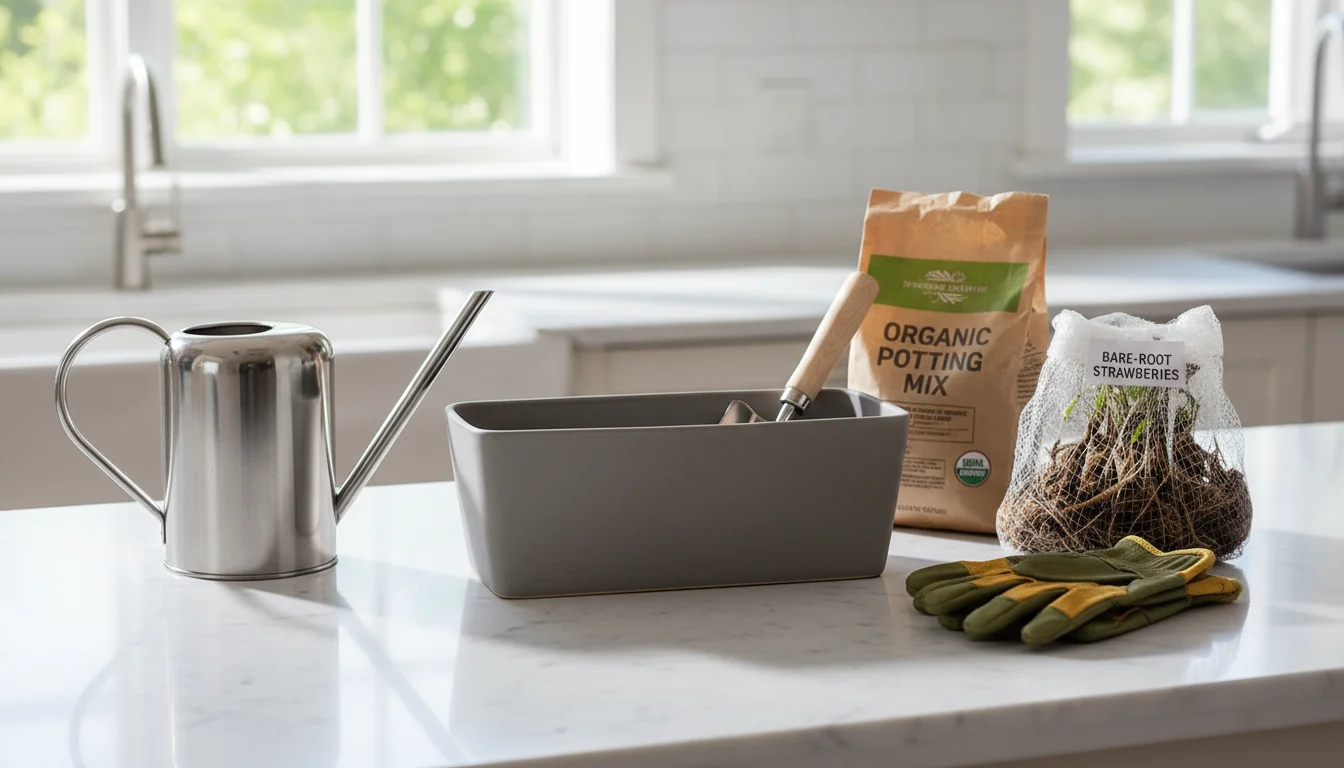 A neat array of gardening supplies: an empty window box, potting mix, bare-root strawberries, gloves, trowel, and watering can, laid out on a table.