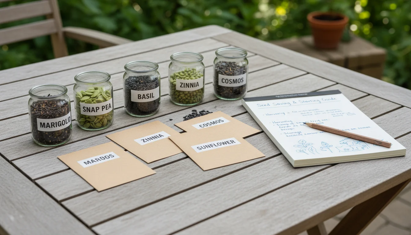 Neat display of labeled seed jars, paper envelopes, an open journal with notes, and a magnifying glass on a patio table.