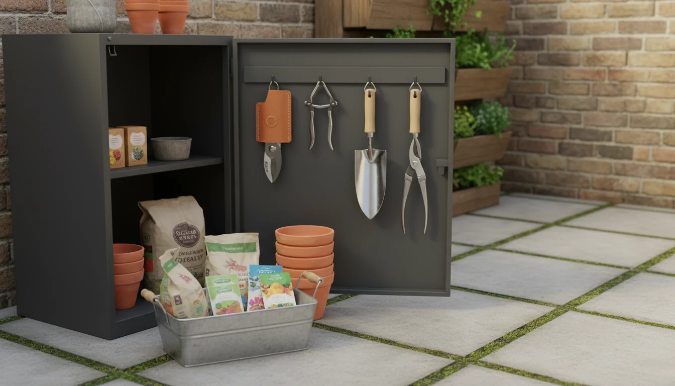 A neat grey metal garden cabinet ajar on a small patio, showing clean, sheathed hand tools. A galvanized caddy sits nearby.