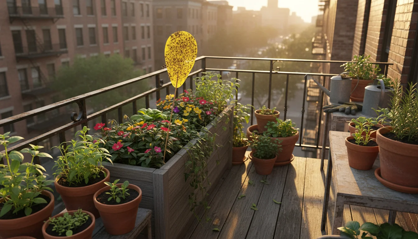 A slightly neglected urban balcony garden at sunset, showing various container plants. A very old, gnat-covered yellow sticky trap droops from a basil