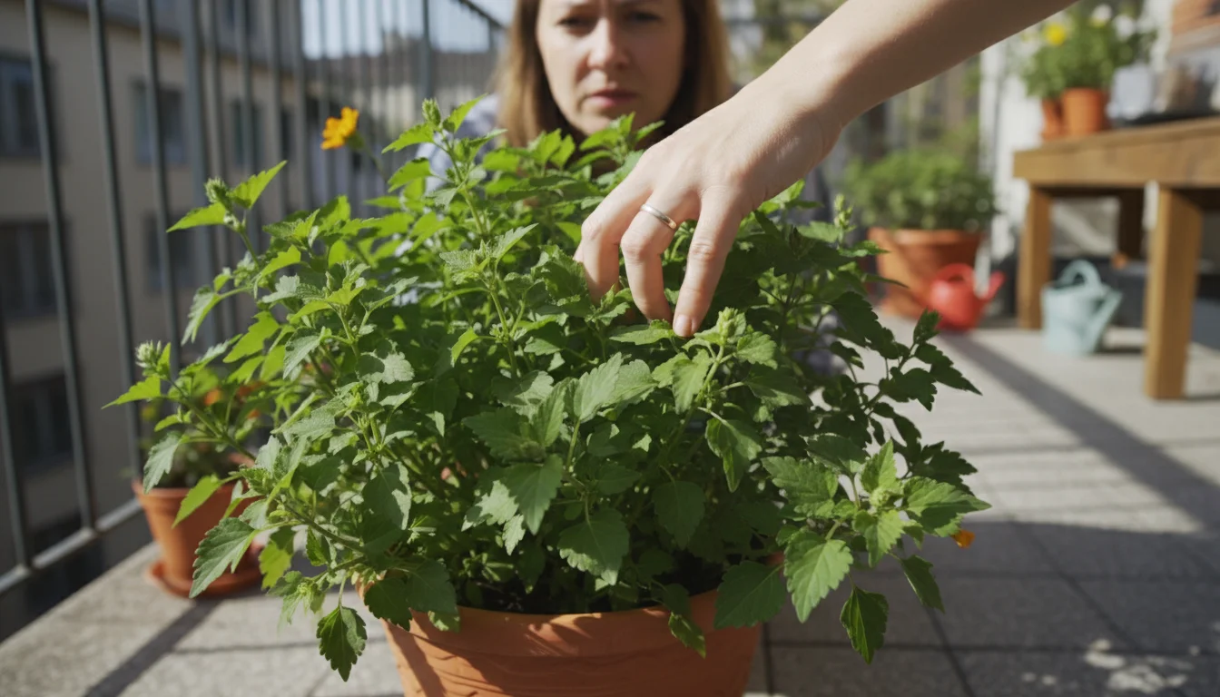 A neutral-gender hand gently parts the vibrant green leaves of a non-blooming perennial plant in a terracotta pot on an urban balcony.
