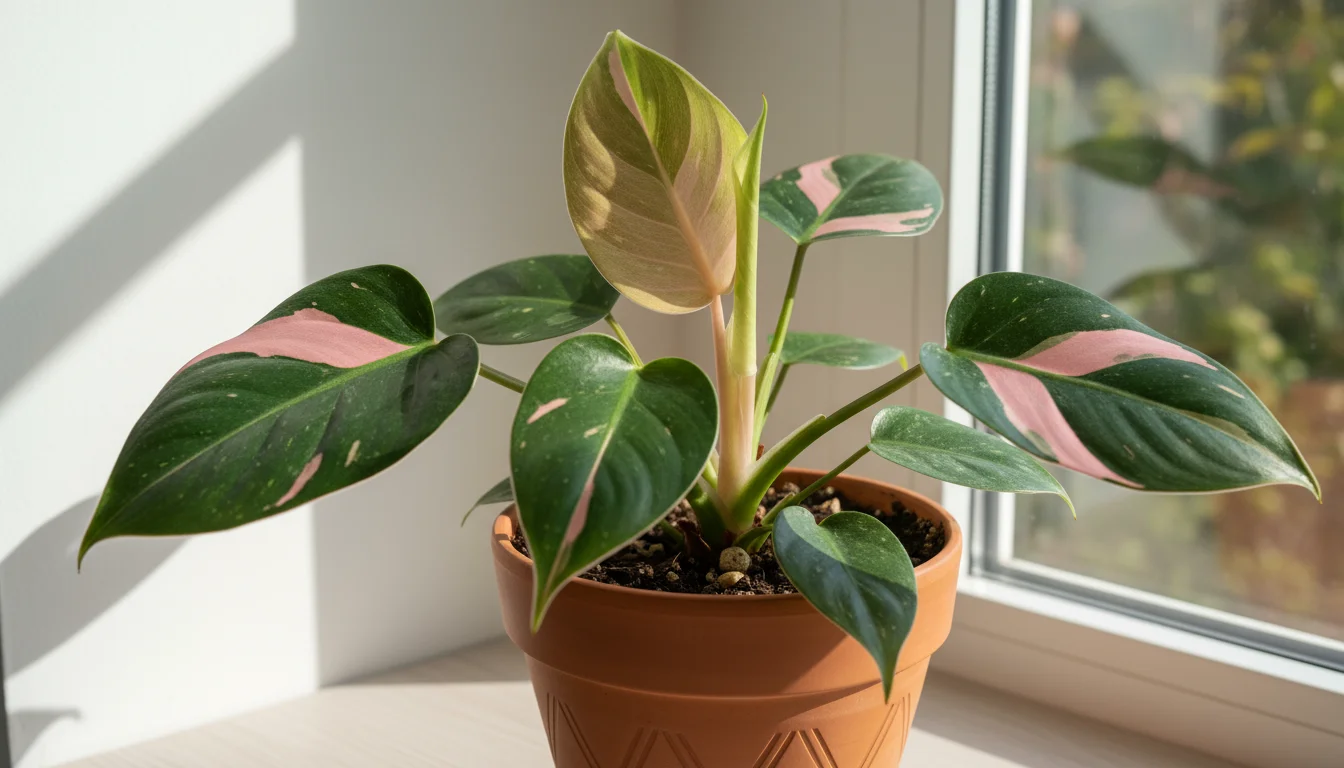 Close-up of a new, delicate light green and pink variegated leaf unfurling on a healthy Philodendron in a terracotta pot on a sunlit windowsill.