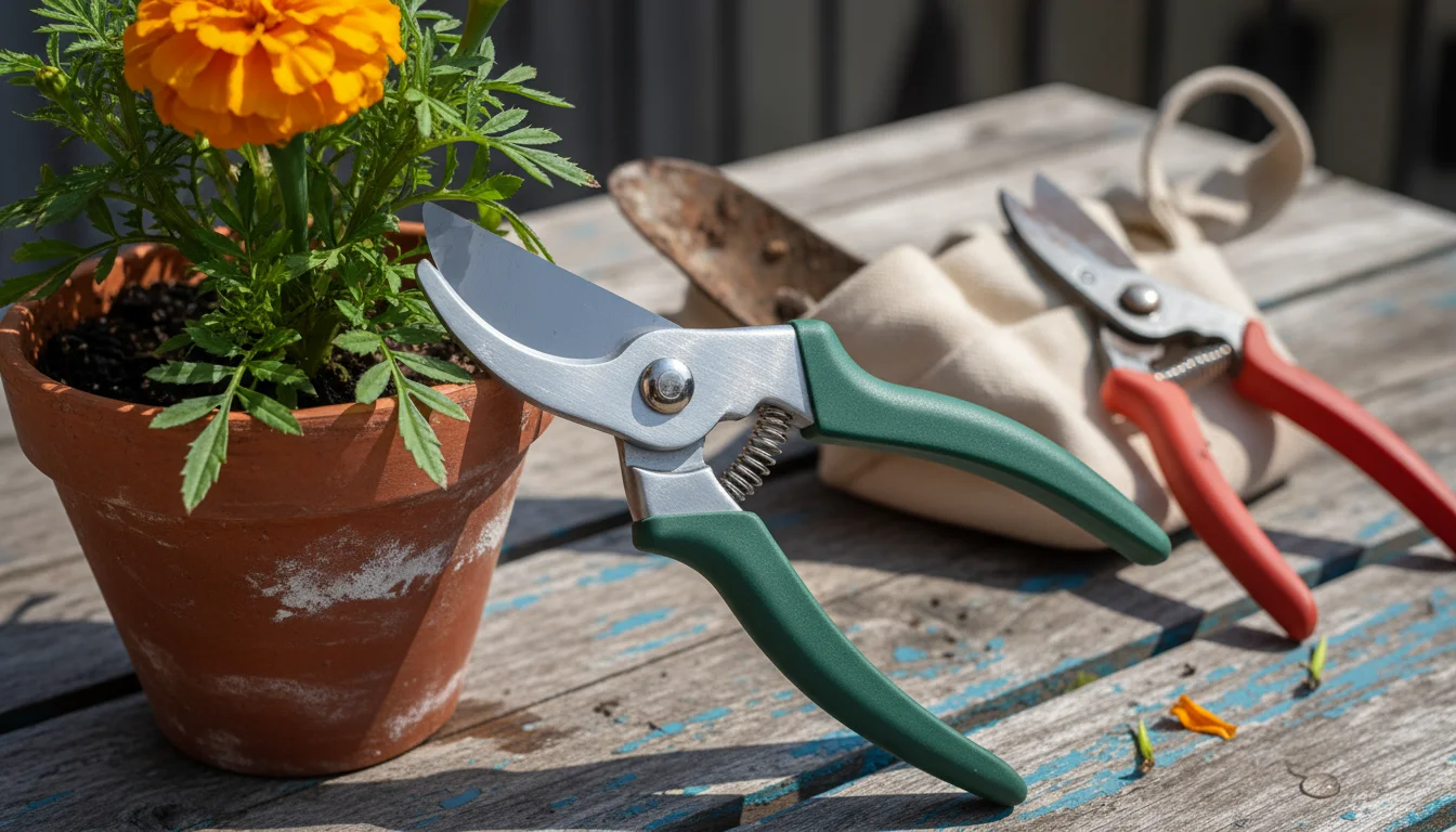 New, ergonomic pruners neatly cut a marigold stem, old, worn tools blurred behind on a balcony table.