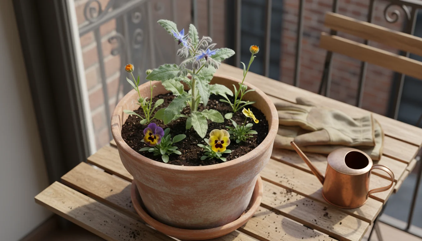 Newly planted 14-inch terracotta pot on a balcony table, with Borage, Pansies, Calendula, Sweet Alyssum, and Lobelia seedlings arranged for dense grow