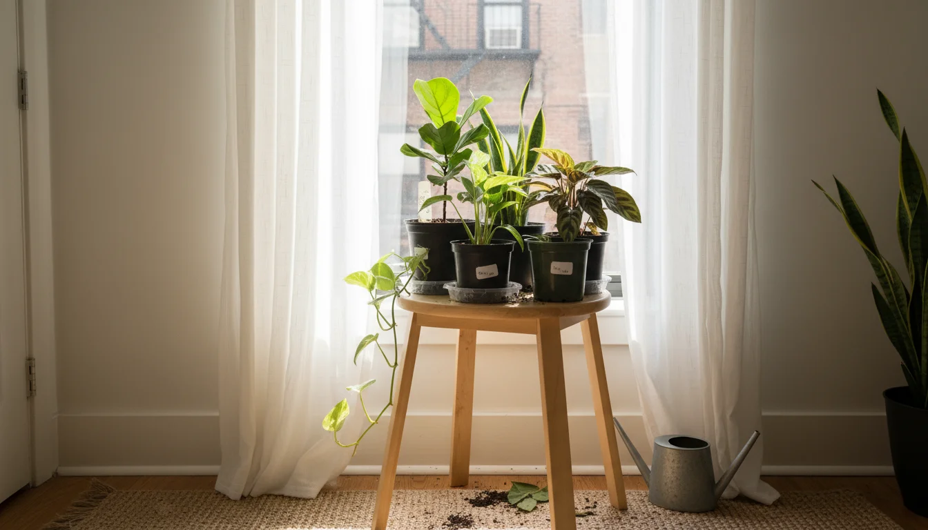 Newly purchased plants in plastic nursery pots clustered on a wooden stool near a window with diffused light, temporarily placed for acclimation.