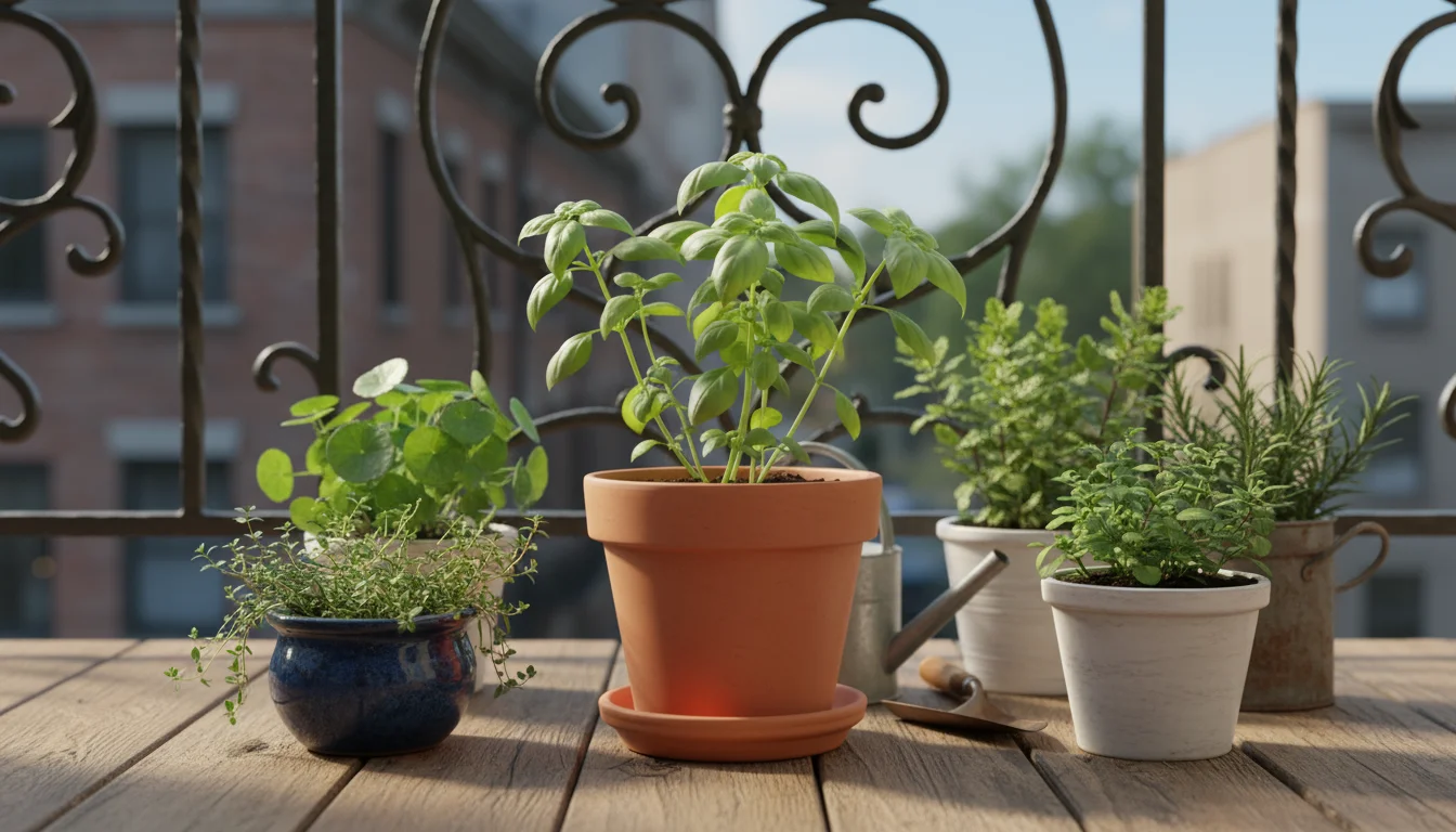 Newly repotted basil plant in a terracotta pot, surrounded by other container herbs on a sun-dappled balcony, a watering can nearby.