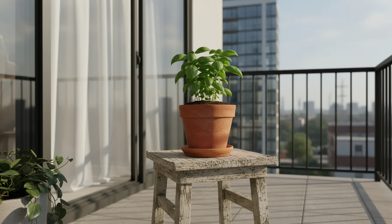 Newly repotted basil plant in a terracotta pot on a wooden stool on a balcony, illuminated by soft, bright, indirect morning light through a sheer cur